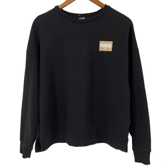 PUMA NWOT Crew Neck Pullover Sweatshirt Size Large Black Athleisure Relaxed Fit - Picture 1 of 4